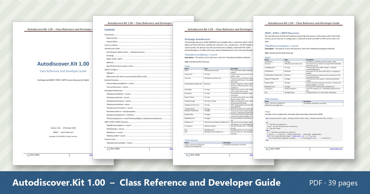 Pages of the Autodiscover.Kit Class Reference and Developer Guide (PDF)